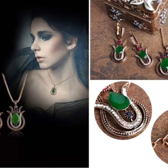 Vintage Style Red Tulip Flower Pendant Necklace Earrings Jewelry Set - Picture 6 of 8